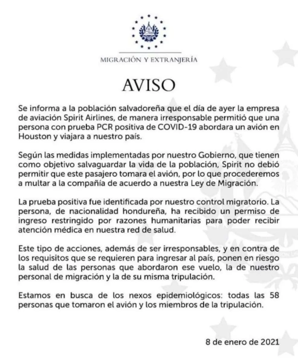 El Salvador multará a la aerolínea Spirit por permitirle abordaje a un hondureño con prueba positiva de Covid 