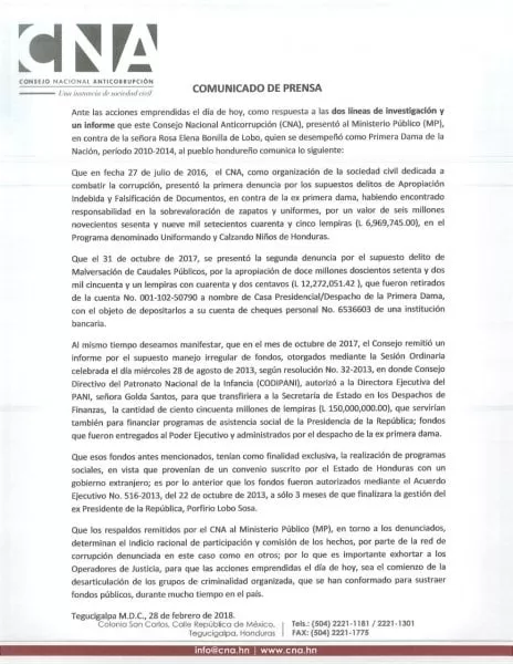 CNA presenta comunicado respecto a la captura de ex primera dama Rosa Elena de Lobo