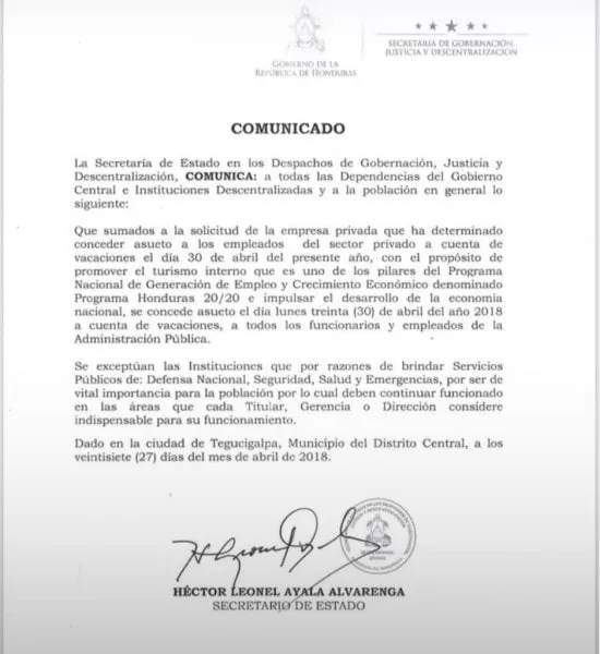 Gobierno de Honduras concede asueto el lunes 30 de abril a empleados públicos