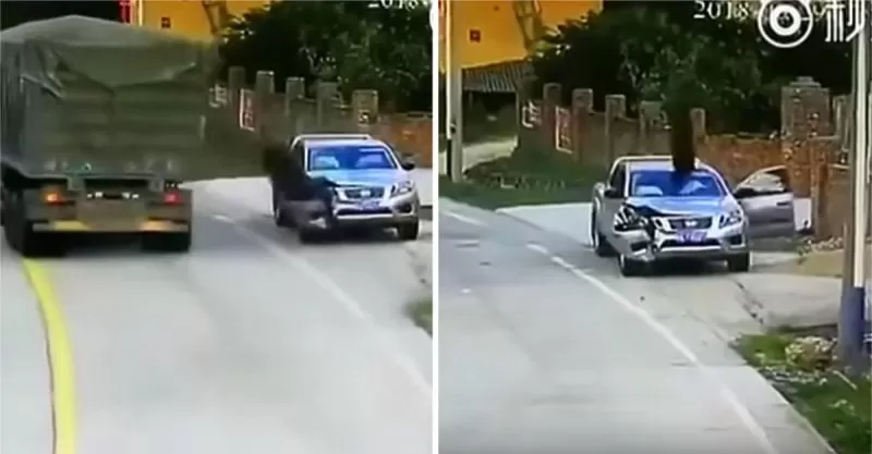 Video Hombre se salva de milagro: dos neumáticos se desprenden de un camión y destrozan su auto