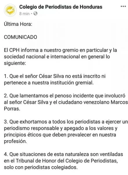 Colegio de Periodistas de Honduras se pronuncia tras incidente César Silva-venezolano Marcos Porras