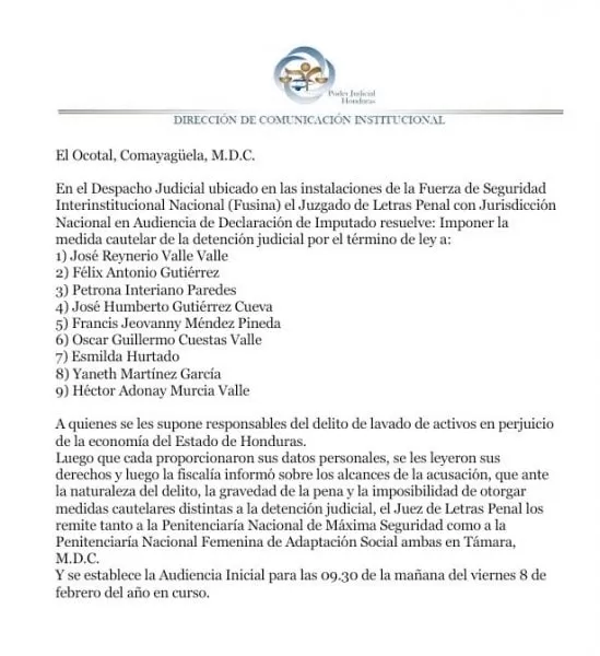 Juzgado Penal Nacional dicta Detención Judicial para 9 imputados del delito de Lavado de Activos