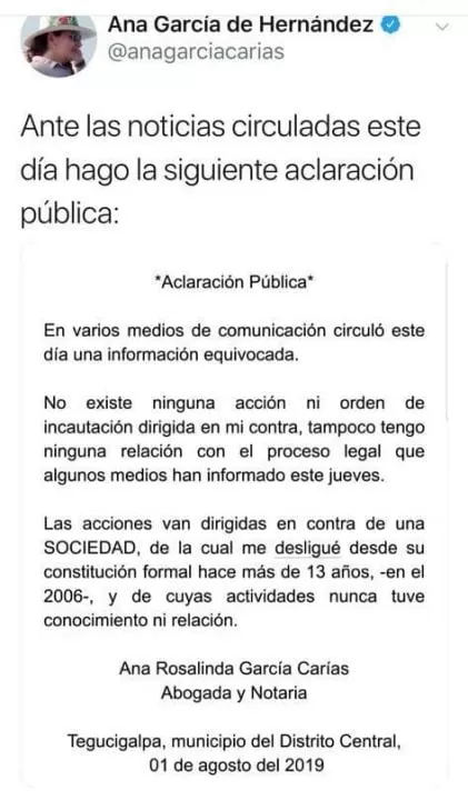 Este es el comunicado enviado por Ana García sobre documento de la MACCIH que la involucra en caso Pandora