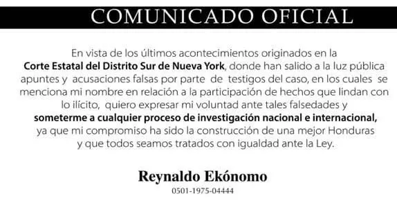 Así reaccionó Reinaldo Ekónomo tras declaraciones de Devis Leonel Rivera Maradiaga