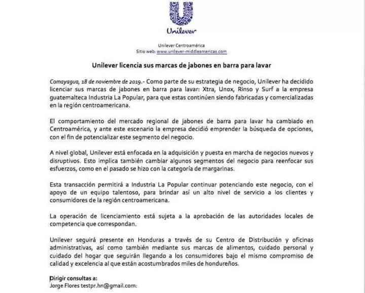 La empresa ‪Transnacional Unilever anunció que sale de Honduras