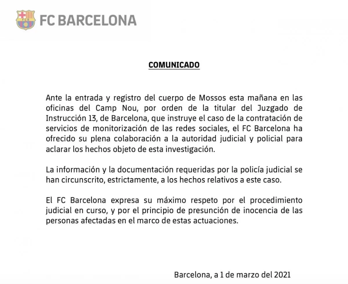 Barcelona emite comunicado sobre detenciones y allanamientos del club