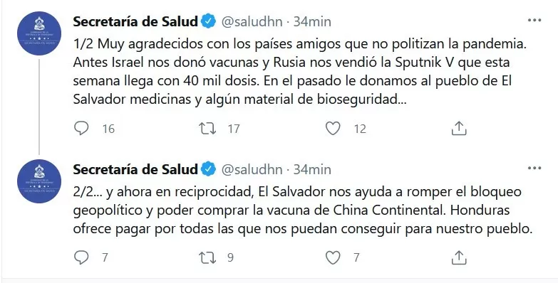 Secretaría de Salud Hondureña reacciona tras anuncio del presidente Nayib Bukele de donar vacunas