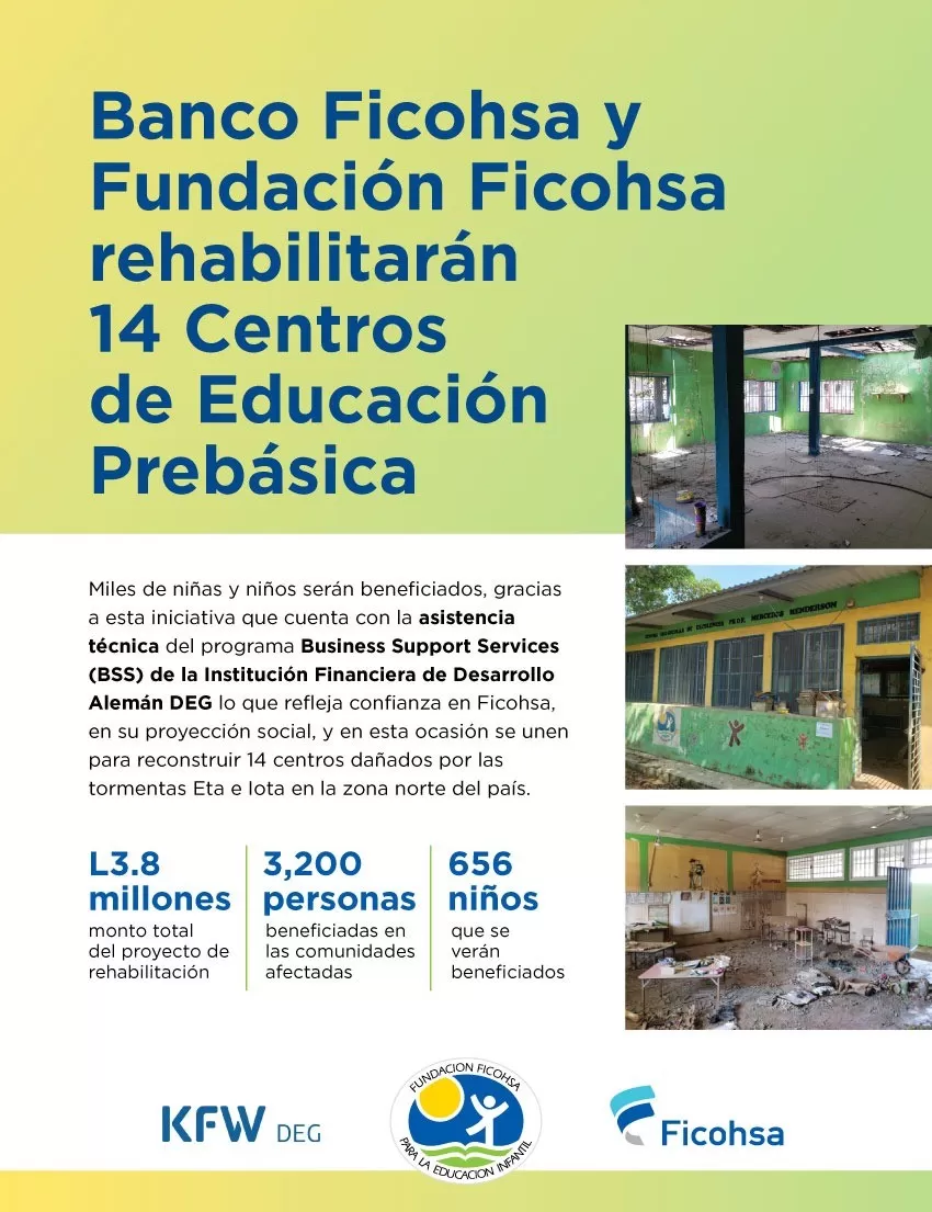 Ficohsa lanza iniciativa para reconstruir 14 Centros de Educación Prebásica dañados por ETA e IOTA