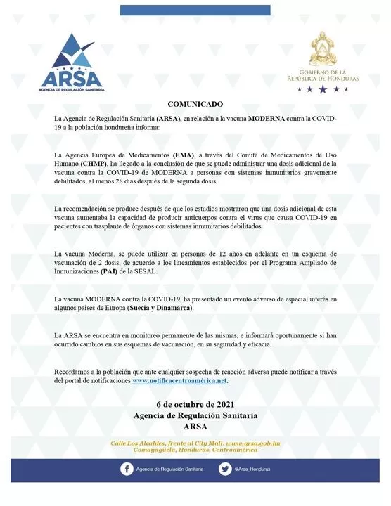 La Agencia de Regulación Sanitaria (ARSA), en relación a la vacuna MODERNA contra la COVID- 19 a la población hondurena informa