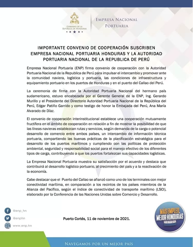 Se firmo convenio entre la Autoridad Portuaria Nacional de la República del Perú y la Empresa Nacional Portuaria