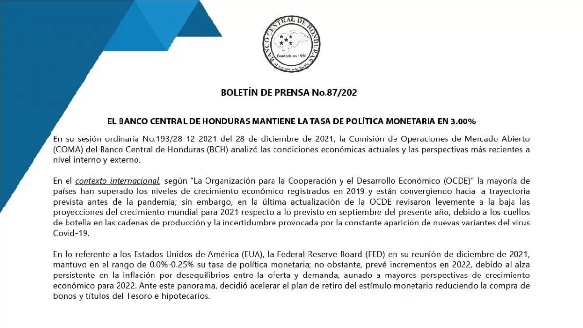 Banco Central de Honduras mantiene la tasa de política monetaria en 3.00%