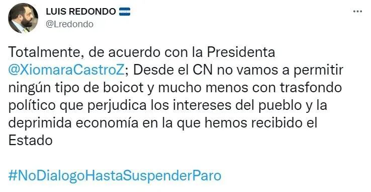 “¡CN NO permitirá ningún tipo de boicot al gobierno!”: presidente Luis Redondo