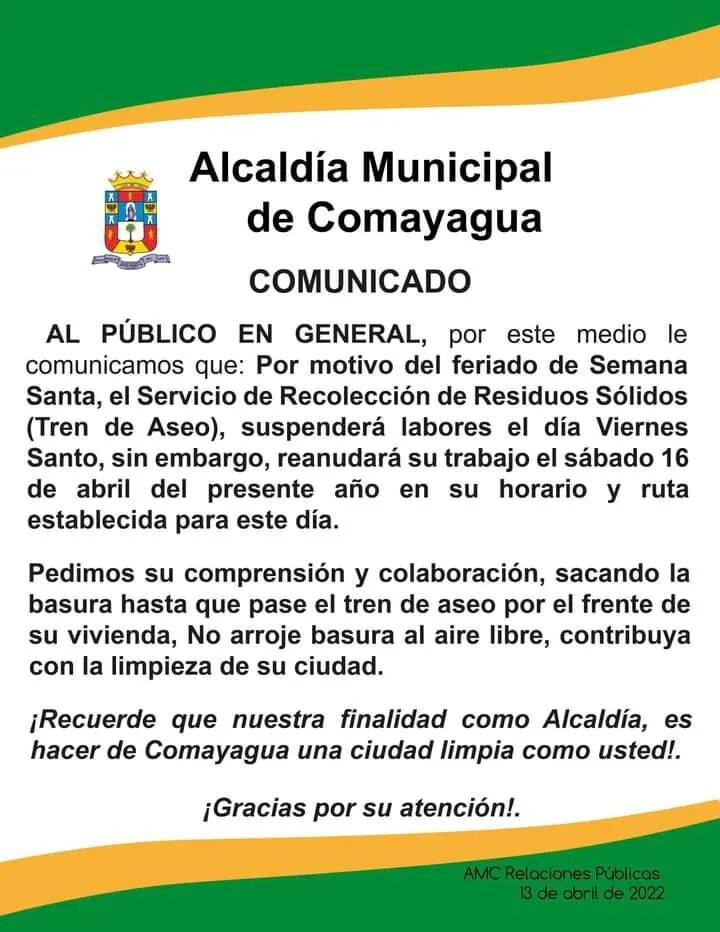 El tren de aseo de la Municipalidad de Comayagua suspenderá labores El Viernes Santo