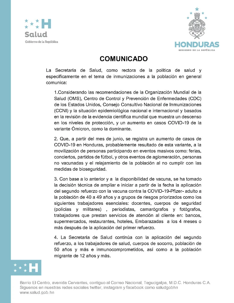 Ante el aumento de casos de COVID-19 en Honduras, SESAL aplicará 2da dosis de refuerzo a la población de 40 a 49 años y a grupos de riesgo priorizados
