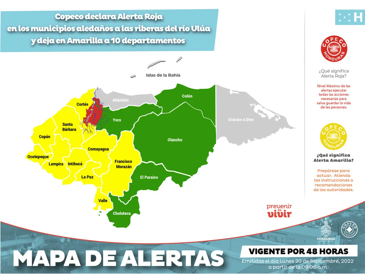 Copeco declara Alerta Roja en los municipios aledaños a las riberas del río Ulúa y deja en Amarilla a 10 departamentos