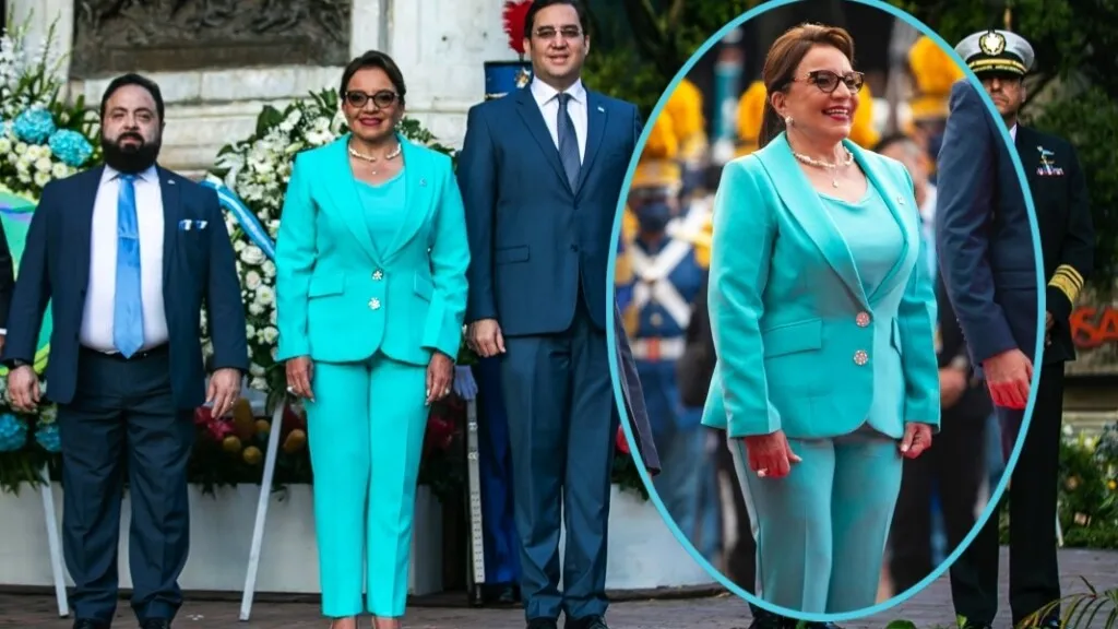Presidenta Castro representa civismo y derrocha elegancia, vistiendo un traje azul turquésa