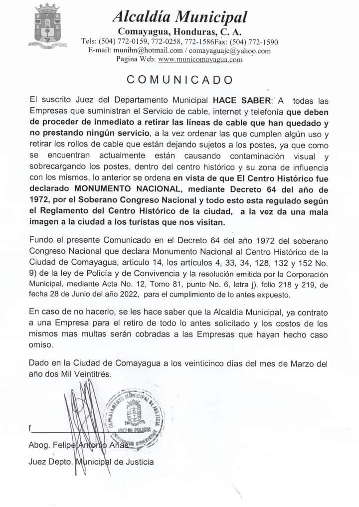 Alcaldía de Comayagua ordena retiro de cables sin uso a empresas que suministran servicio de cable, internet y telefonía2