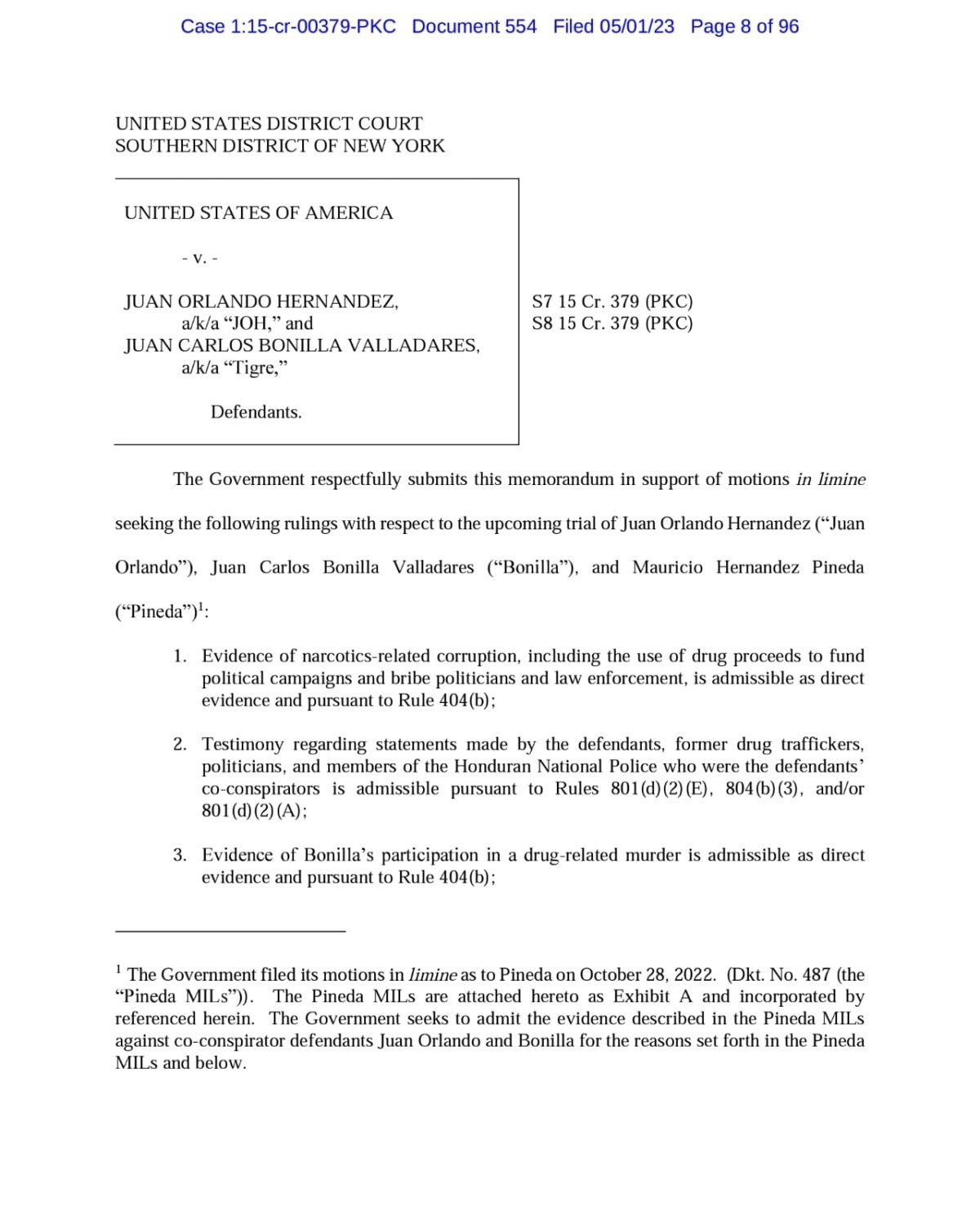 Informe con carga probatoria contra JOH presentada por la Fiscalía a la Corte del Distrito Sur de New York 01
