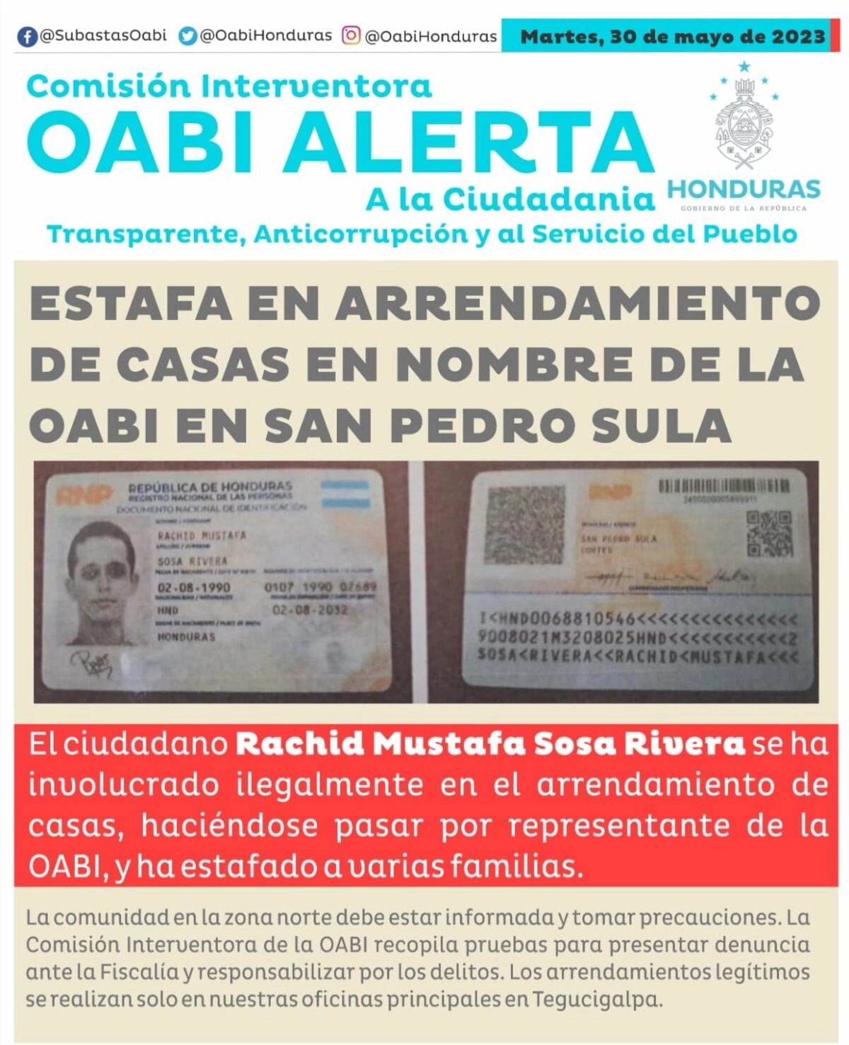 OABI emite alerta: Estafa en arrendamiento de casas en nombre de la OABI en San Pedro Sula