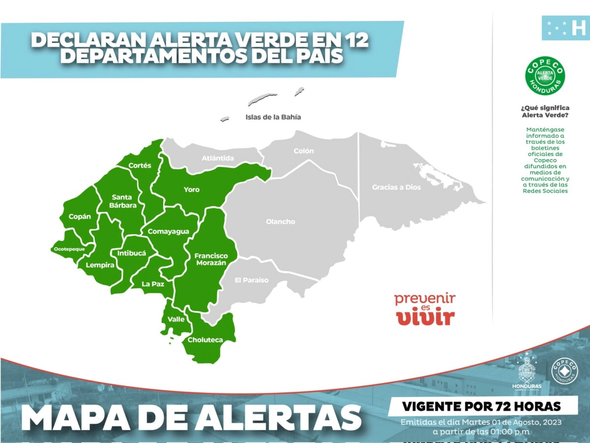 Copeco declara alerta verde para 12 departamentos del país