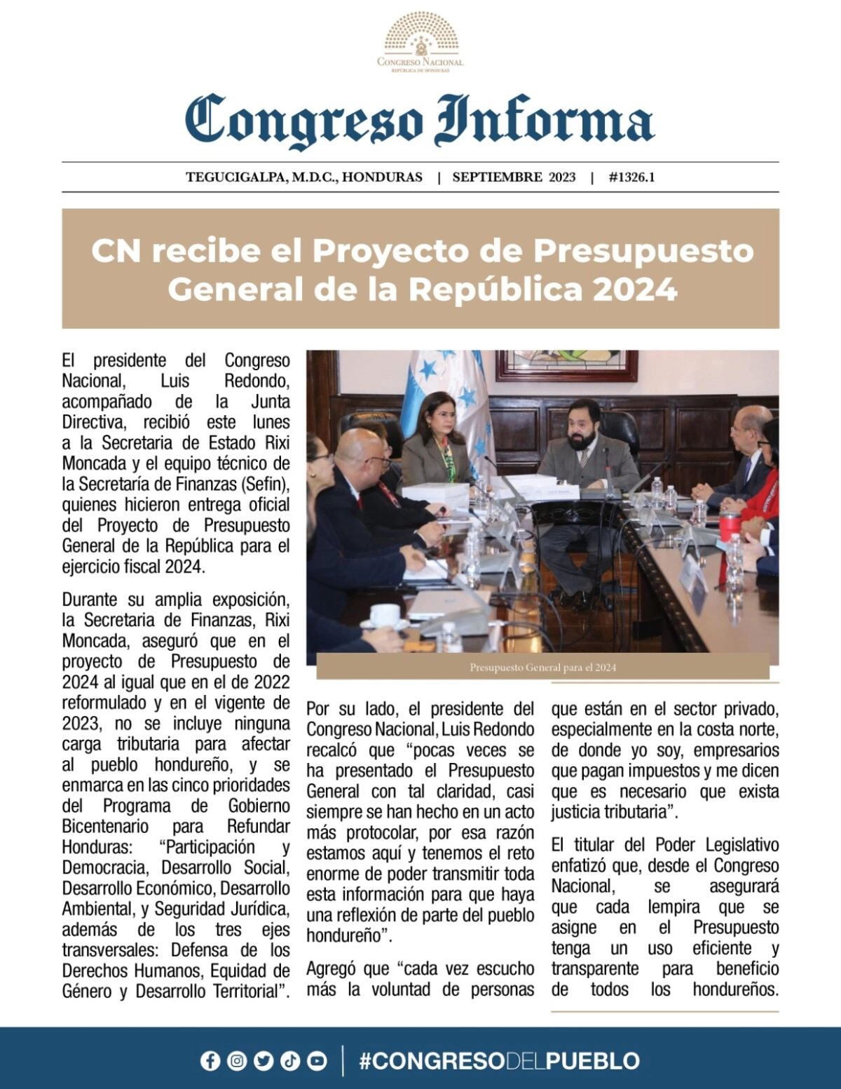 Congreso Nacional recibe el Proyecto de Presupuesto General de la República 2024