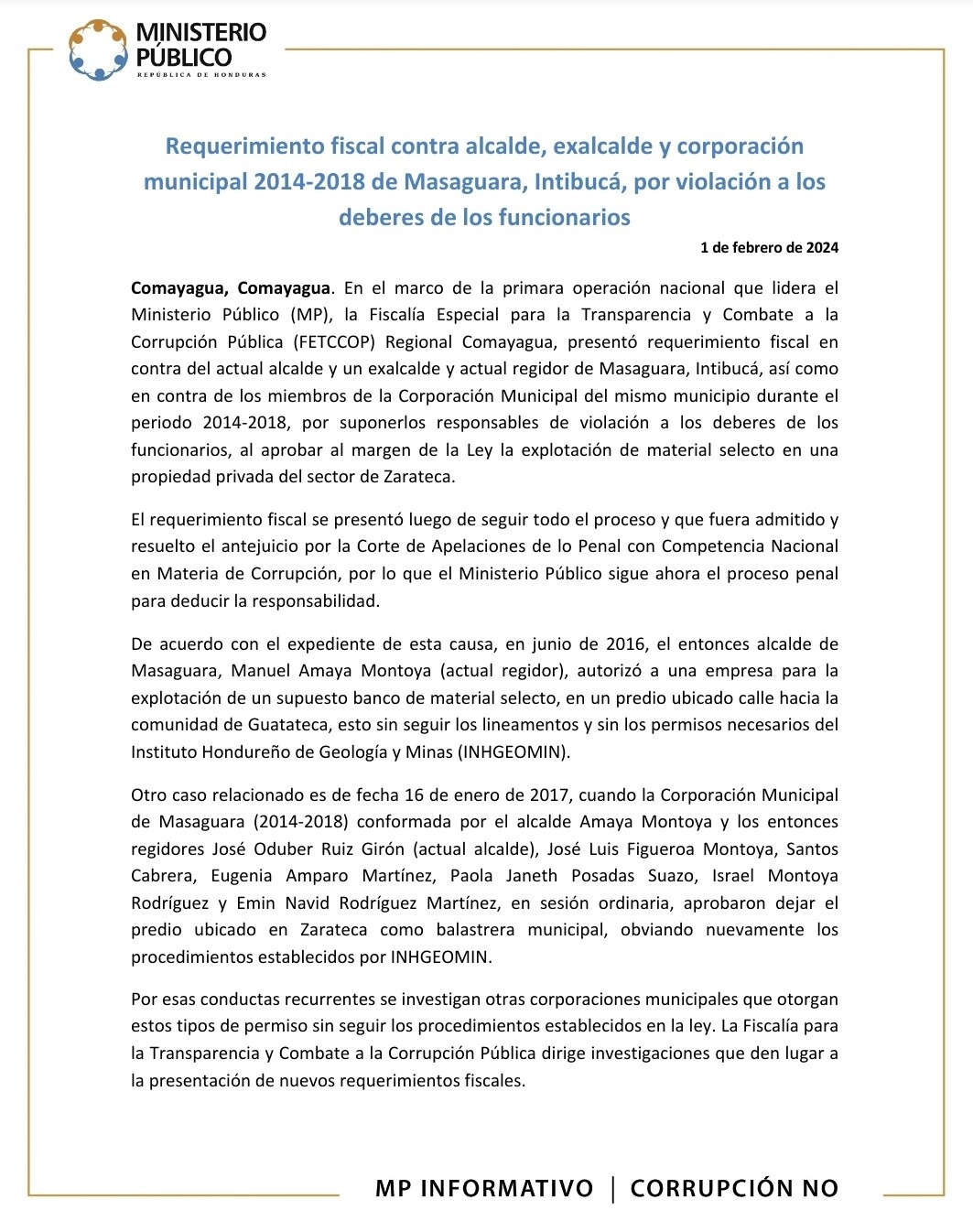 Requerimiento fiscal contra alcalde, exalcalde y corporación municipal 2014-2018 de Masaguara, Intibucá, por violación a los deberes de los funcionarios